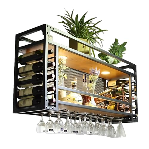 Botellero de pared con soporte de cristal, estante industrial de metal para colgar en la pared, para bar, cocina, cafetería, negro, 2 capas, 80 cm