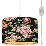 EFTOWEL Plug in Pendant Light Shabby Chic Vintage Roses Tulips Hanging Lamp with Plug in Cord 16.4 ft Fabric Shade Dimmable Hanging Light for Living Room Kitchen Bedroom