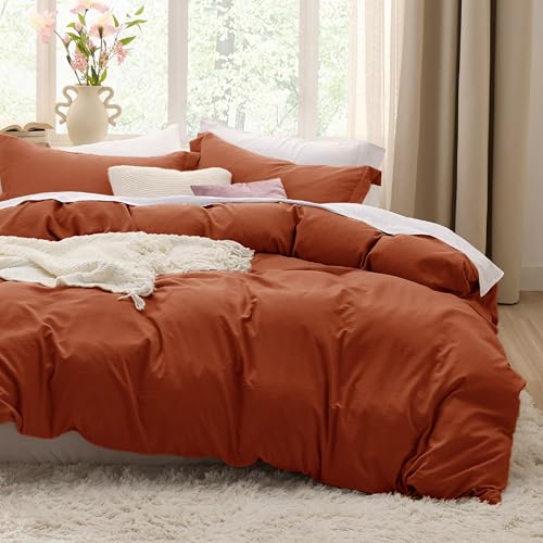 Image of Bedsure Terracotta Duvet Cover King Size - 3 Pieces Prewashed Cotton-Like Extra Soft Bedding Set, Includes 1 Duvet Cover 104x90 Inches with Zipper Closure & 2 Pillow Shams, Comforter Not Included