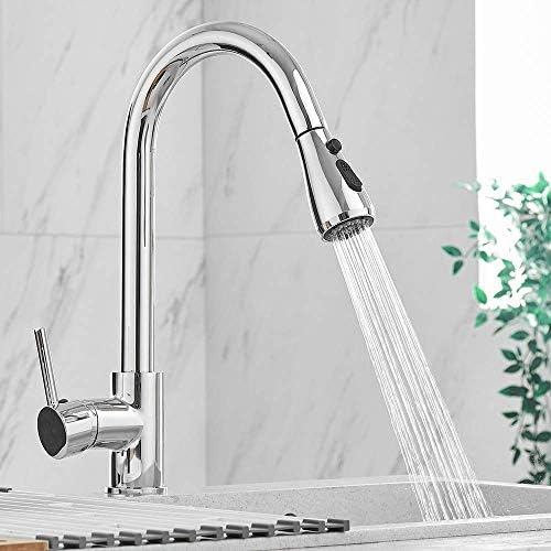 Heable Kitchen Sink Mixer Tap with Pull Down Sprayer Chrome, Single Handle High Arc Pull Out Kitchen Taps, Single Level Solid Brass Kitchen Faucet with UK Standard Fittings