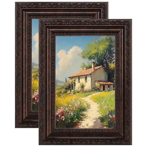 Image of eletecpro 4x6 Picture Frames Set of 2, Vintage Frames with Glass Cover, Retro Ornate Photo Frame Displays 3.5x5 Photo with Mat or 4x6 without Mat for Tabletop or Wall Decor, Brown