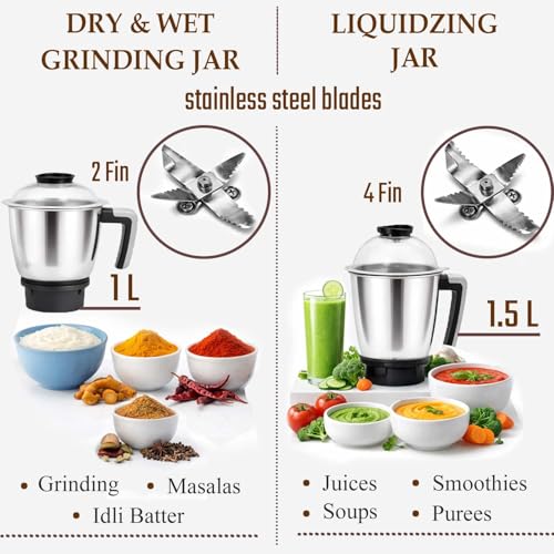 Image of Kanchan Triset Plus Mixer Grinder 750 Watt 4 Multipurpose Jars (3 Stainless Steel +1 Juicer)Blending, Grinding, Juicer mixer grinder for kitchen,Powerful motor with Overload Safety, ISI, 5 Yr Warranty