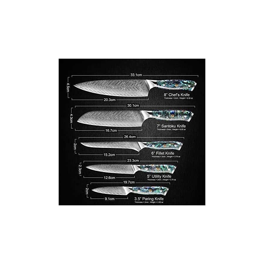SENKEN-Damascus-Steel-Kitchen-Knife-Set-Umi-Collection-67-Layer-Japanese-VG10-Steel-Real-Deep-Sea-Abalone-Shell-Handle-Chefs-Knife-Santoku-Paring-Fillet-Utility-5-Piece-Damascus-Knife-Set SENKEN Damascus Steel Kitchen Knife Set - Umi Collection - 67-Layer Japanese VG10 Steel, Real Deep-Sea Abalone Shell Handle, Chef's Knife, Santoku, Paring, Fillet, Utility (5-Piece Damascus Knife Set)