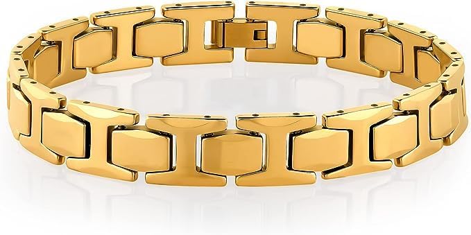 URBAN JEWELRYStunning Solid Tungsten Link Bracelet for Men Polished Link, Puzzle, Ceramic Style (Silver, Black, 18K Gold Plated Option)