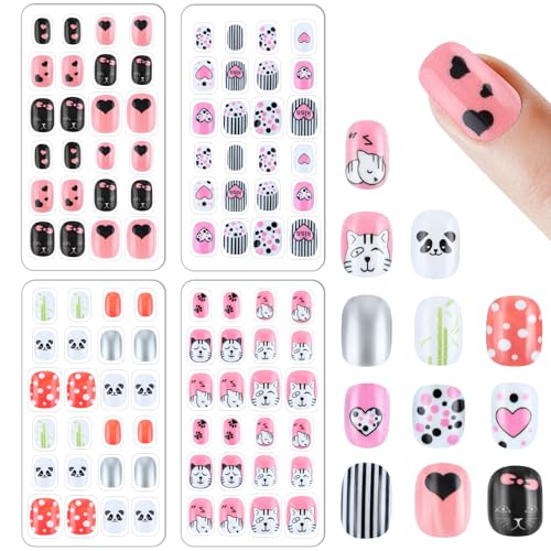 96 Pcs Fake Nail Press on Nails for Girls, Lovely False Nail Tips Pre-glue Full Cover Short Acrylic Gradient Color Nails for Girls Kids Nail Art Decoration(Cute Animal)