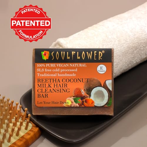 Image of Soulflower Reetha Coconut Milk Soap | Shampoo Bar | Hair Cleansing Bar | Handmade, 100% Pure, Natural & Cold processed Grade 1 BIS Standard Premium & Luxurious Soap, 150g
