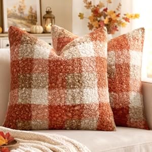 MIULEE Fall Plaid Pillow Covers Boucle Orange 18×18 Set of 2