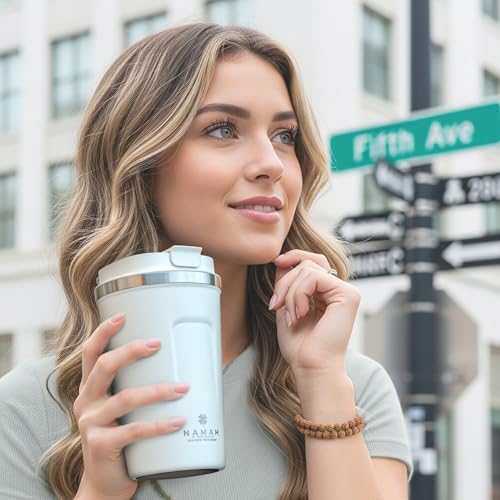 Image of Namah Insulated Coffee Mug Travel with Lid - 380ML Stainless Steel Coffee Tumbler Cup for Office & Home, Leak Resistant Matte Finish Hot & Cold Travel Coffee Mug for Men & Women Girls Gift- White
