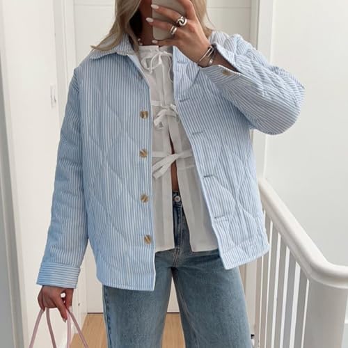 FOMOYUU Women Y2K Quilted Jacket Turn Down Collar Striped Print Button Padded Coat Lightweight Long Sleeve Puffer Outwear3