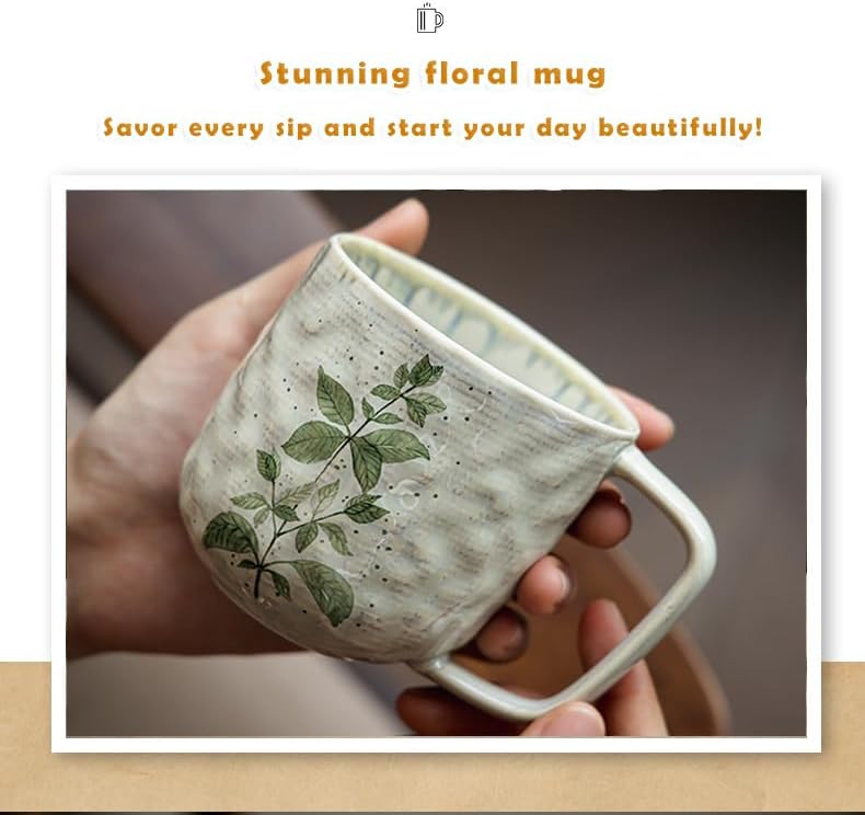 Ceramic Mugs for Men & Women, Unique Microwave & Dishwasher Safe Tea/Coffee Rustic Stoneware Cups for Office & Home（Green Leaf） - Image 2