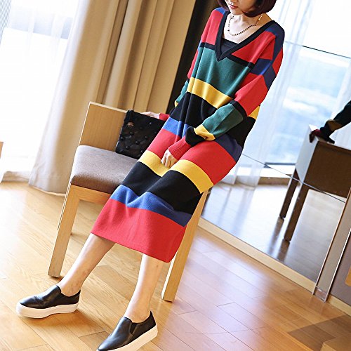Robe tricot col V à rayures colorées ZULQ en grande taille ample pour le printemps