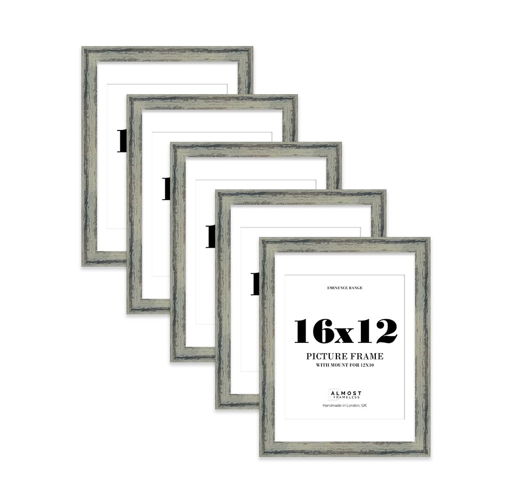 16x12" Distressed Green Picture Frame with 12x10" Mount - Industrial Photo Frame with Distressed Finish, Wall Hooks, 32mm Edge - 5 Pack