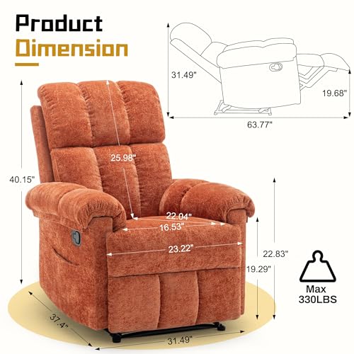 Image of Korser Recliner Chair, Living Room Recliner Chairs for Adults, Small Recliners for Small Spaces, Upholstered Manual Recliner with Side Pockets, Comfy Nursery Chair for Living Room, Chenille, Orange