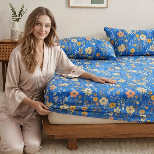 Image of VAS COLLECTIONS King Size Cotton Fitted Bedsheet (78 x 72 + 14 Inches) with Deep Pocket | 220 TC Soft Breathable Wrinkle Free Elastic Bed Sheet for King Mattress | (Blue)