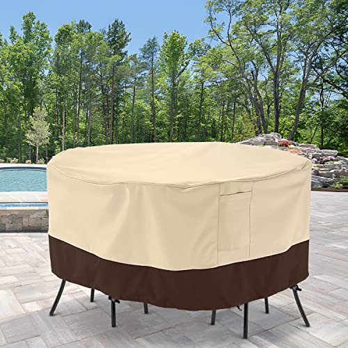 Arcedo Patio Furniture Set Cover, Waterproof Outdoor Round Table And Chairs Set Cover, Heavy Duty Garden Furniture Cover For Patio Dining Set, All Weather Protection, 94”Dia X 30”H, Beige & Brown #TOP7