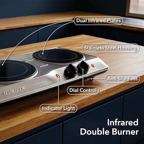Image of OVENTE Countertop Infrared Double Burner, 1700W Electric Hot Plate and Portable Stove with 7.75 inch and 6.75 inch Ceramic Glass Cooktop, 5 Level Temperature Setting and Easy to Clean Base, Silver BGI102S