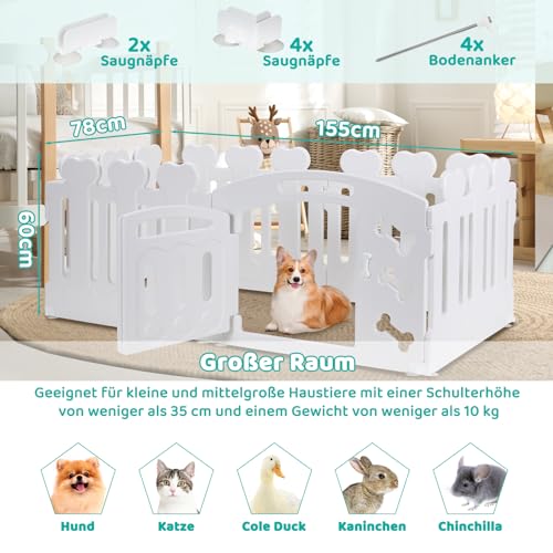 MAMIZO Welpenauslauf 60cm, Laufstall Hund 5+1 PCS Platten, Plastik Welpenlaufstall, Faltbare Hundegitter, Hundezaun mit Tor,Inkl. Saugnäpfe & Erdanker, Hundekäfig für Zuhause und Outdoor, Weiß