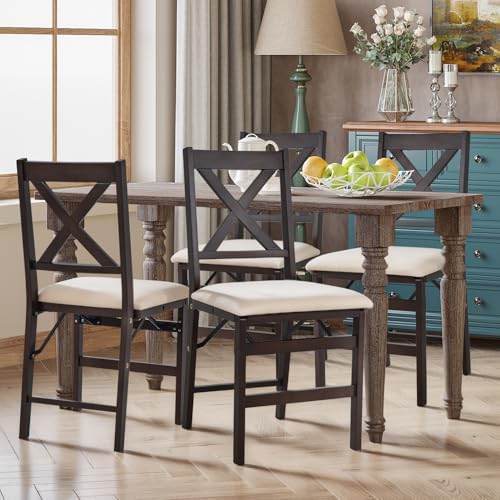 Folding Dining Chairs Set of 4 with Upholstered Cushion, Wooden F...