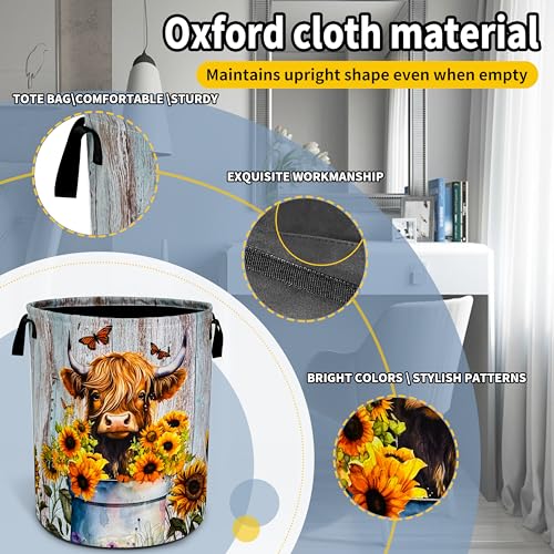 Image of Highland Cow Sunflower Laundry Basket Foldable Waterproof 18.9 x 16.5 Inch | Oxford Cloth Hamper With Reinforced Handles Lining Large-Capacity Storage For Bathrooms /Laundry Rooms / Living Rooms /Bedrooms