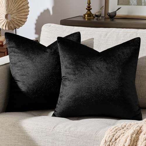 Image of GIGIZAZA Decorative Throw Pillow Covers 18x18,Sofa Cushion Black Pillow Cover,Velvet Pillow Square Pillow Covers (Black, 18 x 18- Set of 2)