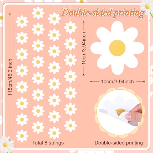 Image of Pasimy 8 Pcs Daisy Boho Party Decorations Groovy Daisy Paper Garlands White Flower Hanging Garland Banner Hippie Flower Cutouts for Birthday Shower Wedding Party Favor Supplies (Classic,White)