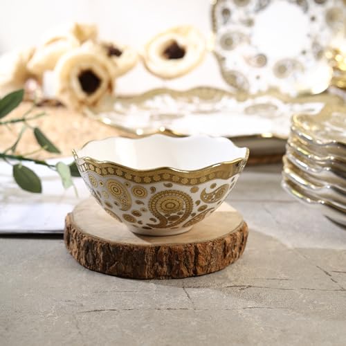 Image of Timeless Elegance Dinner Set, White & Gold, 18 Piece | Gold Plated, Porcelain Crockery with Scalloped Rim, For 6 People, 6 Dinner Plates, 6 Quarter Plates & 6 Veg Bowls, DSS02
