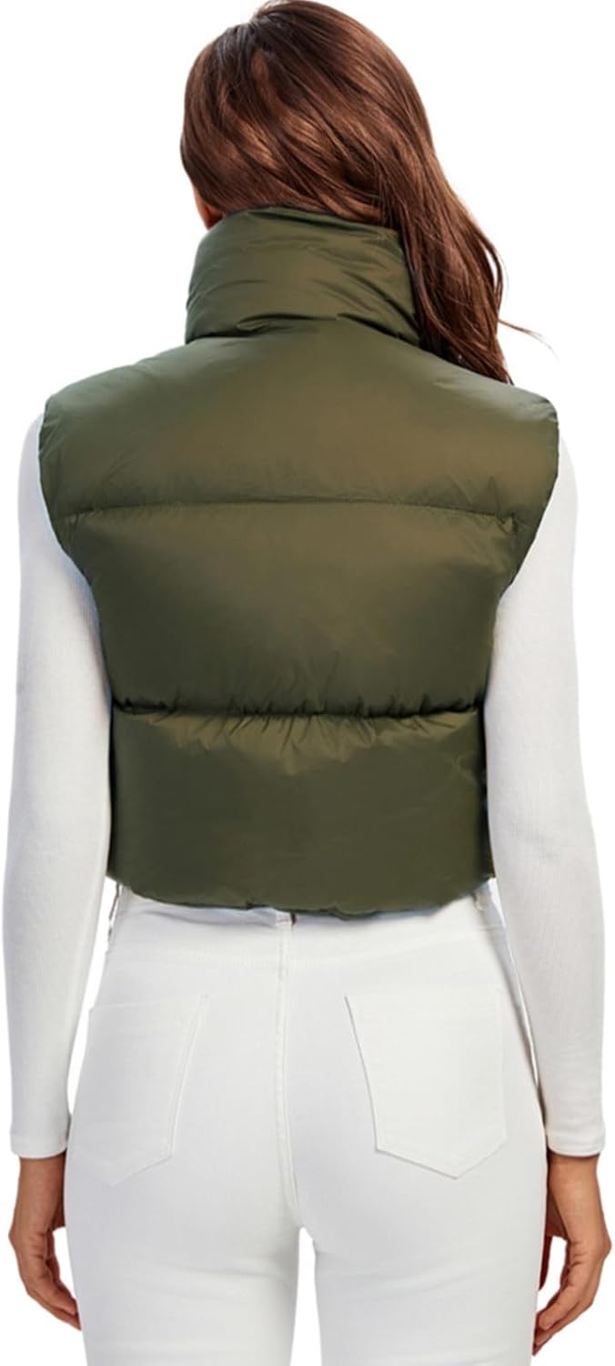 Fuinloth Women's Padded Vest, High Stand Collar Lightweight Zip Crop Puffer Gilet - Image 5