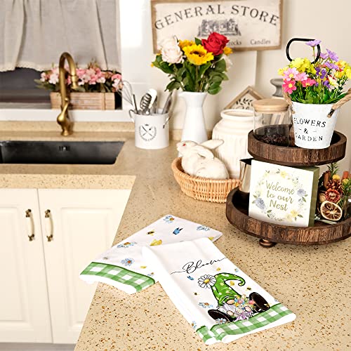 Spring Kitchen Towels For Spring Decor Green Buffalo Plaid Gnome Dish Towels 18X26 Inch Ultra Absorbent Bar Drying Cloth Bloom Sign Hand Towel For Kitchen Bathroom Party Home Decorations Set Of 2 #TOP6