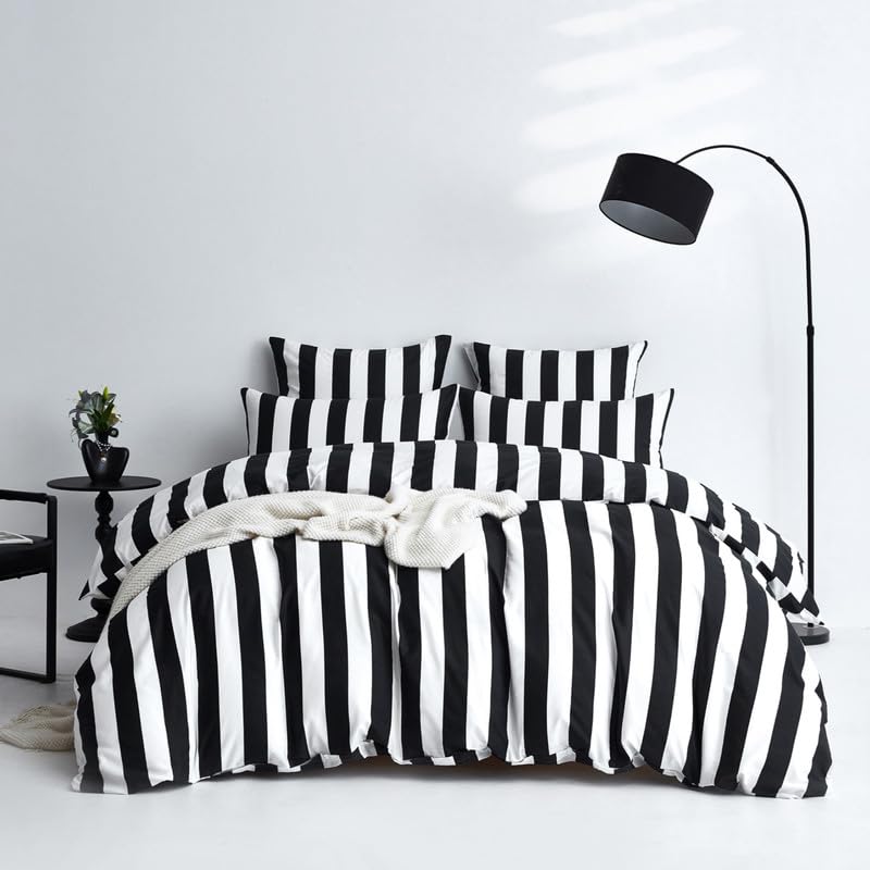Gezu Housse de Couette 240x260 Rayures Noir Blanc Parure de Lit Coton 100% Naturel Coton Doux Respirant Linge de Lit 2 Personnes avec Fermeture Éclair et Taies d'oreiller 65x65 cm