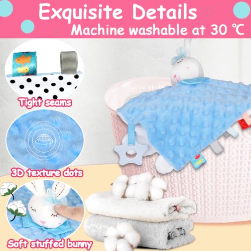 Image of Bunny Lovely Soothing Blanket with Tags Teether Bunny Blanket Soft Baby Blankets for Boys and Girls Baby Stuff for Newborn Toys Snuggle Toy Baby Lovey Dotted Toy Rabbit Animal Blue
