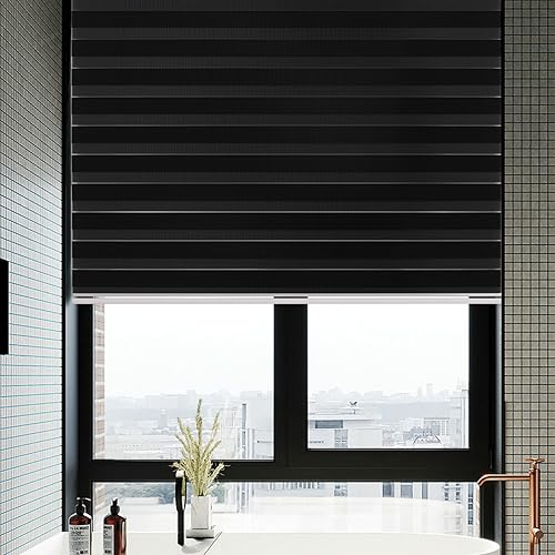 Joydeco Cordless Zebra Blinds for Windows, Dual Layer Free-Stop Zebra Shades Privacy Light Control for Day and Night, Light Filtering Sheer Blinds for Indoor Windows, Home (Black, 52" x 75" H)