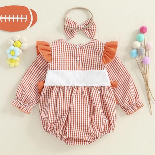 Baby Girl Football Outfit Smocked Bubble Romper Ruffle Long Sleeve Onesie Plaid Jumpsuit Fall Winter Clothes4