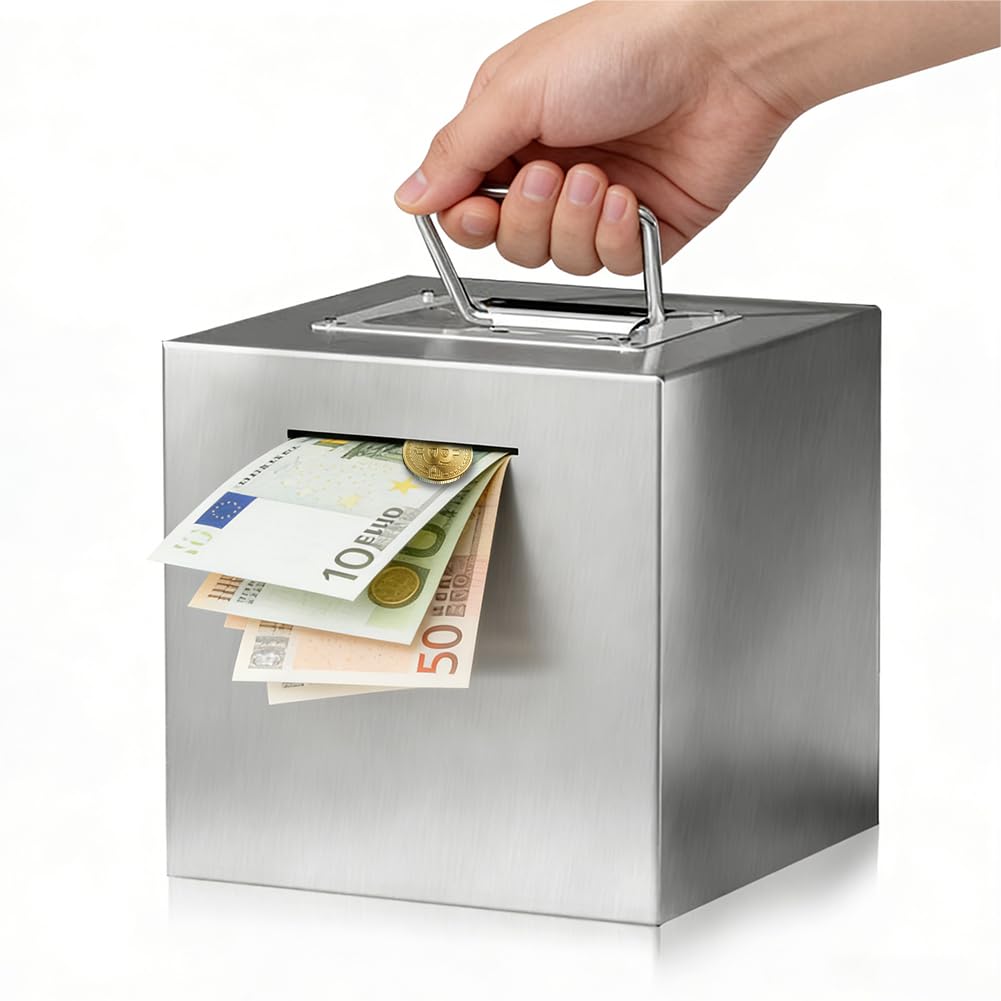 Salvadanaio per adulti in acciaio inox, salvadanaio sicuro per bambini, XXL, salvadanaio sicuro per riutilizzare, difficile da aprire, grande, con manico (argento)