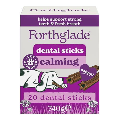 Forthglade Calming Dental Chews for Dogs 20 Sticks Dog Treats Infused with Calming Botanicals Helps Freshen Breath Remove Plaque & Tartar from Teeth Hypoallergenic & Grain-Free Resealable Bag