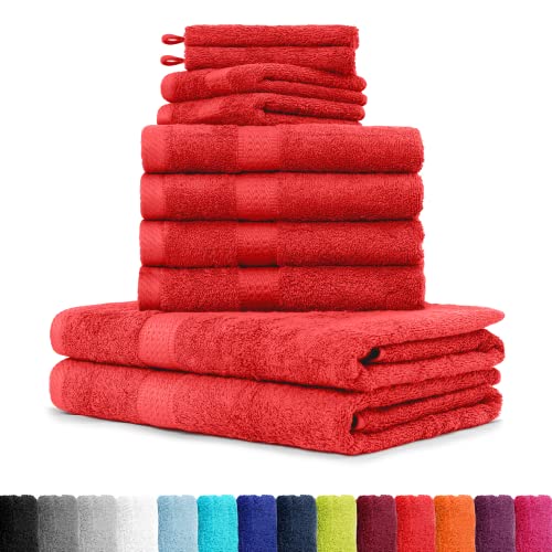 BaSaTex - 10er Pack Handtuch Set für Haushalt & Gäste - Frottee-Handtücher mit Aufhängeschlaufe aus weicher Baumwolle in 50x100cm - Waschtücher für Bad Öko-Tex Made in Green - Rot