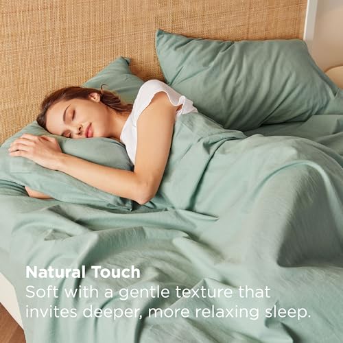 Bedsure Linen Sheets - King Size Sheets, Blend from Linen Cotton Bedsheets, Breathable Cotton Bedsheets, Gifts for All Seasons, 4 Pieces, Green
