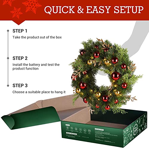 Quntis 16 Inch 40 Led Lighted Christmas Wreath - Christmas Door Wreaths Decorated With Red Gold Ball Ornaments, Artificial Xmas Wreath For Holiday Party Outdoor Indoor Home Wall Window Mantel Stairs #TOP6