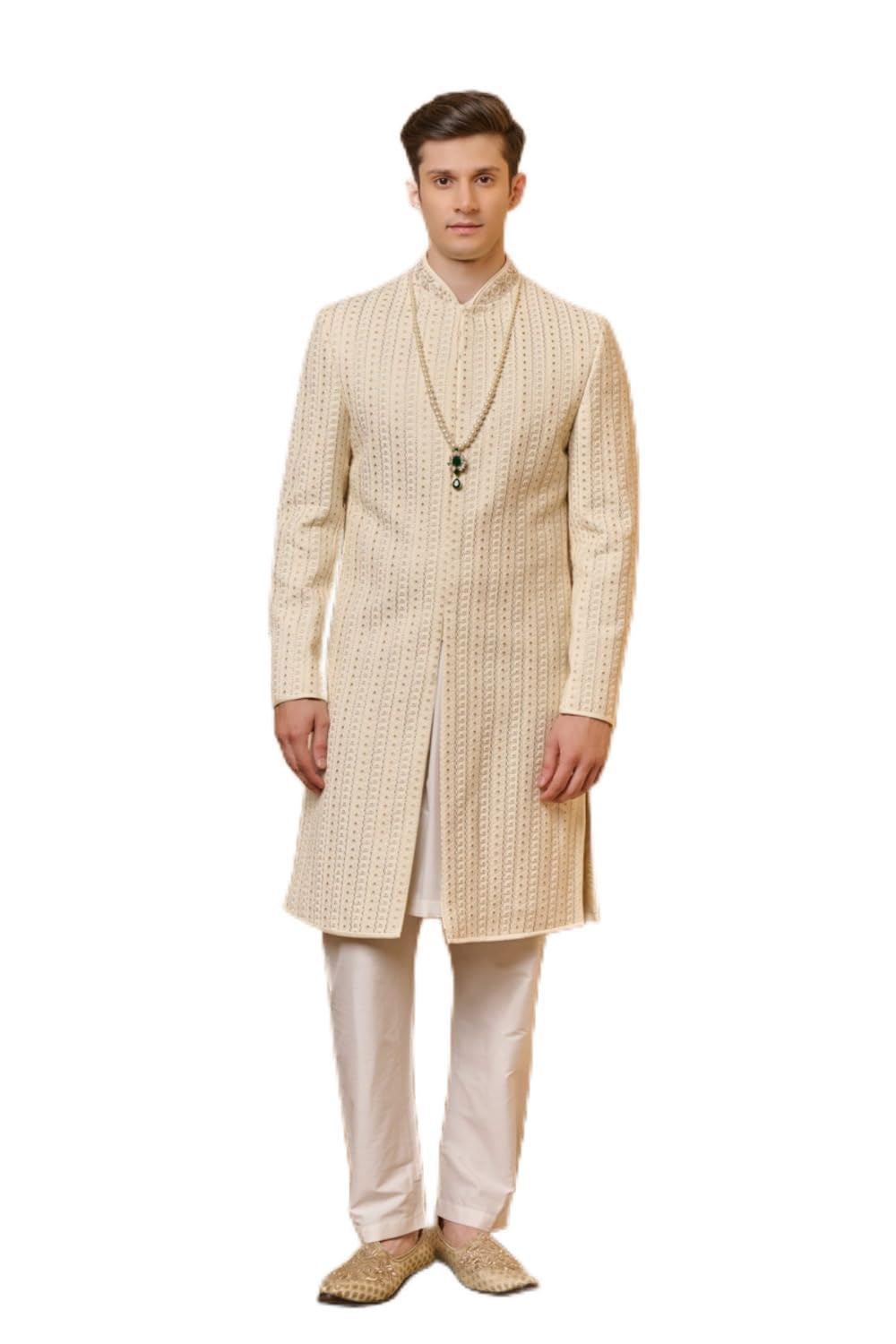 Ivory Georgette Sherwani For Men-image-46