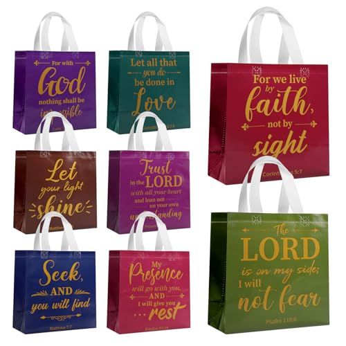 PHOGARY 8PCS Christian Gift Bags with Handle Reusable Non Woven Church Bag Medium Size Bible Verse Religious Gift Bag for Welcome Visitors Baptism Birthday Party Favors Bags
