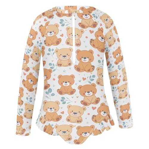 Cute Teddy Bears Girls Long Sleeve Swimsuit Rash Guard One Piece Bathing Suits Zipper 3-12T2