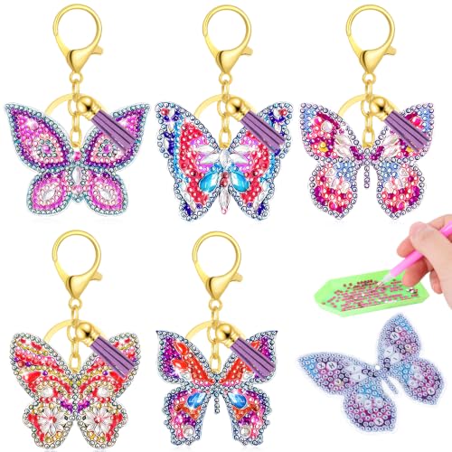 KufaerBeam 5 Stück Diamond Painting Schlüsselanhänger mit Doppelseitige 5D Schmetterling Designs Diamond Painting Schmetterling Kleine Dekorative Diamant Anhänger Geschenk für Mädchen
