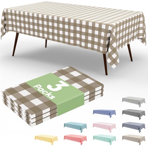 misaya 3 Packs Buffalo Disposable Table Cloth, 54 x 108 Inch Waterproof Plastic Tablecloth, Rectangle White and Khaki Checkered Table Covers for Picnic, Birthday, Party