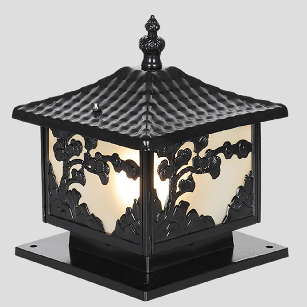 KUEYANB Vintage Outdoor Post Light Waterproof E27 Fence Post Cap Light for Villa Gate Courtyard Garden Patio Chinese Style Pillar Lantern Exterior Decorative Column Lighting for Driveway Porch