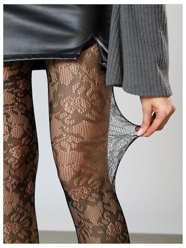 Image of RoseSeek Women's Floral Lace Fishnet Tights Kawaii Y2K See Through Stocking | Sheer Mesh, Lace Tights, Floral Lace Fishnet Tights, Thigh Highs, Leggings, Y2K Stockings