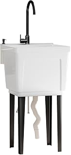 TABU 18-Gallon Utility Sink with Hot/Cold Stainless Steel Faucet, 20'' Freestanding Laundry Tub with Adjustable Legs for Bathroom, Pet Bathing & Garage, with Pull-Down Sprayer, Soap Dispenser, White