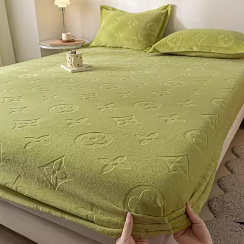 Fitted Sheet Milk Velvet Bedsheet,Single Piece Ultra Soft Bottom Sheet Strong Elastic, Plush Cozy Comfy Warm for All Seasons Coral Velvet Mattress (Color : Tea Green, Size : 180 * 200cm)