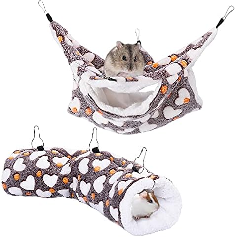 Small Pet Guinea Pig Hammock Hanging Tunnel Bed,2PCS Cage Accessories for Ferret Rat Chincilla Hammock Sleeper Brown Cover