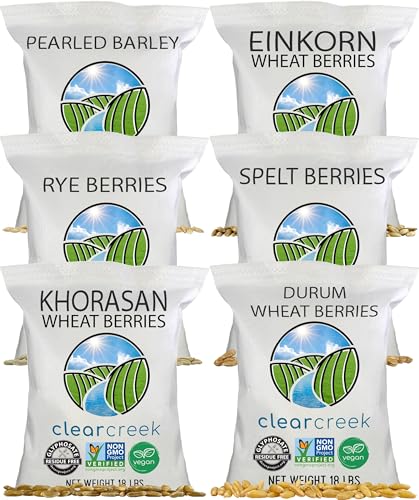 CLEAR CREEK Certified Glyphosate Residue Free Khorasan, Durum, Rye, Spelt, Pearl Barley, and Einkorn Wheat Berries | 108 lbs (6-25 lb bags) | Non-GMO Project Verified