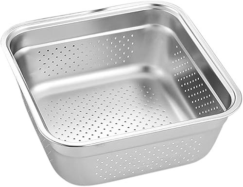 Colador de malla de acero inoxidable para arroz, lavado de verduras y drenaje, cuadrado de 9.84 pulgadas, plateado, apto para lavavajillas, fácil