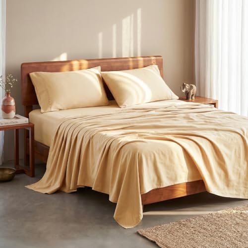 Image of LANE LINEN 100% Organic Cotton Bedsheet for Double Bed King Size - Linen | GOTS Certified, Percale Weave, 108x108 inches, Soft & Breathable, Machine Washable, Includes 2 Pillow Covers